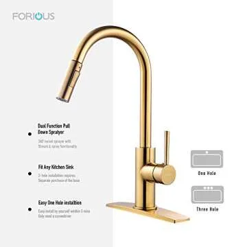 FORIOUS Gold Kitchen Faucet with Pull Down Sprayer, Brushed Brass High Arc Gooseneck Modern Sink Faucet with CUPC Ceramic Cartridge, Single Handle Stainless Steel and Deck Plate