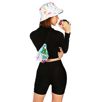 Tipsy Elves Iridescent Icon Fanny Pack w/Drink Holder - Holographic Clear Belt Bag - Small Adjustable Strap Waist Pouch for Secure Storage