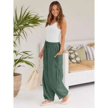 LILLUSORY Women Linen Summer Spring Fashion Outfits Palazzo Casual Flowy Pants Wide Leg Trouser Boho Lounge Drawstring Loose Lightweight Beach Trendy Harem Hippie Clothes with Pocket Green L
