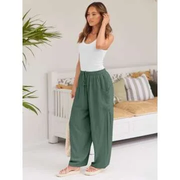 LILLUSORY Women Linen Summer Spring Fashion Outfits Palazzo Casual Flowy Pants Wide Leg Trouser Boho Lounge Drawstring Loose Lightweight Beach Trendy Harem Hippie Clothes with Pocket Green L