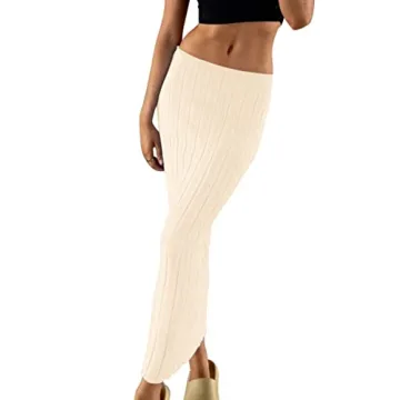 Meladyan Women High Waist Knit Long Maxi Skirt Stretchy Solid Slim Midi Skirts Strapless Bodycon Bea...