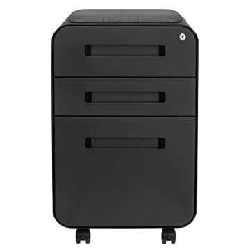 Laura Davidson Furniture STOCKPILE Curve Seated 3-Drawer Mobile File Cabinet with Removable Magnetic Cushion Seat - Metal Filing Cabinet, Pre-Assembled, Black with Dark Grey Cushion