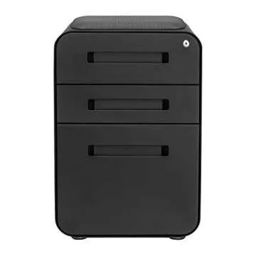 Laura Davidson Furniture STOCKPILE Curve Seated 3-Drawer Mobile File Cabinet with Removable Magnetic Cushion Seat - Metal Filing Cabinet, Pre-Assembled, Black with Dark Grey Cushion