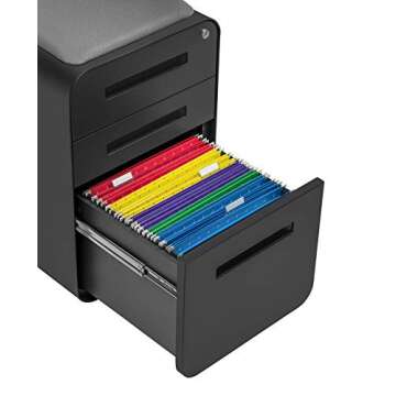 Laura Davidson Furniture STOCKPILE Curve Seated 3-Drawer Mobile File Cabinet with Removable Magnetic Cushion Seat - Metal Filing Cabinet, Pre-Assembled, Black with Dark Grey Cushion