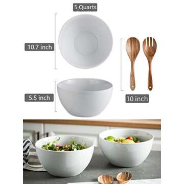 LAUCHUH Salad Serving Bowls, 5 Quarts Porcelain White Serving Bowl Extra Large Mixing Bowl with Spoo...