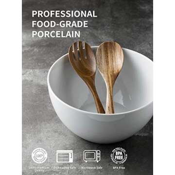 LAUCHUH Salad Serving Bowls, 5 Quarts Porcelain White Serving Bowl Extra Large Mixing Bowl with Spoon Set for Salad, Preparing, Pasta, Popcorn, Chips, Fruit, Vegetables, Christmas, 3 Pcs