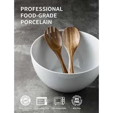 LAUCHUH Salad Serving Bowls, 5 Quarts Porcelain White Serving Bowl Extra Large Mixing Bowl with Spoon Set for Salad, Preparing, Pasta, Popcorn, Chips, Fruit, Vegetables, Christmas, 3 Pcs