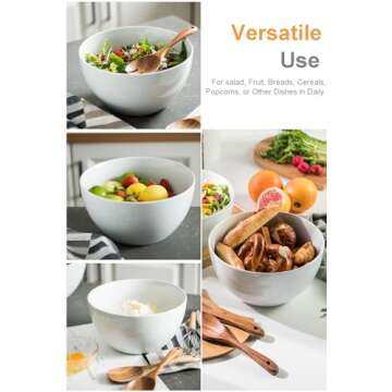 LAUCHUH Salad Serving Bowls, 5 Quarts Porcelain White Serving Bowl Extra Large Mixing Bowl with Spoon Set for Salad, Preparing, Pasta, Popcorn, Chips, Fruit, Vegetables, Christmas, 3 Pcs