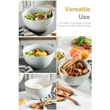 LAUCHUH Salad Serving Bowls, 5 Quarts Porcelain White Serving Bowl Extra Large Mixing Bowl with Spoon Set for Salad, Preparing, Pasta, Popcorn, Chips, Fruit, Vegetables, Christmas, 3 Pcs