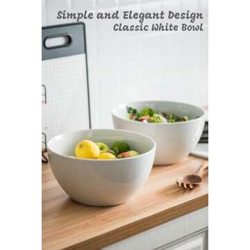 LAUCHUH Salad Serving Bowls, 5 Quarts Porcelain White Serving Bowl Extra Large Mixing Bowl with Spoon Set for Salad, Preparing, Pasta, Popcorn, Chips, Fruit, Vegetables, Christmas, 3 Pcs