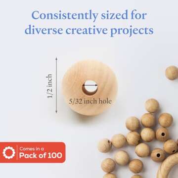 Large Wooden Beads for Crafts - Pack of 100 13mm 1/2 x 5/32 Inch Hole Large Wood Beads for Crafts wi...