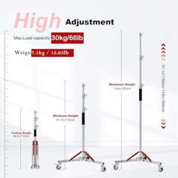 Heavy Duty Light Stand with Casters 100% Stainless Steel 30kg/66lb Load Bearing Adjustable 130/4.3ft...