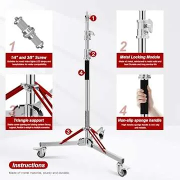 Heavy Duty Light Stand with Casters 100% Stainless Steel 30kg/66lb Load Bearing Adjustable 130/4.3ft - 305CM/10ft Photography Light Stand with Wheels for Photography Studio Softbox, Monolight (Silver)