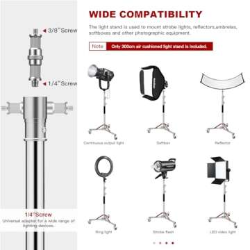 Heavy Duty Light Stand with Casters 100% Stainless Steel 30kg/66lb Load Bearing Adjustable 130/4.3ft - 305CM/10ft Photography Light Stand with Wheels for Photography Studio Softbox, Monolight (Silver)