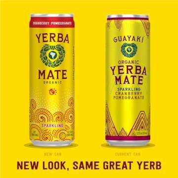 Guayakí Yerba Mate, Organic Sparkling Energy Drink Alternative, Cranberry Pomegranate, 80mg Natural Plant Based Caffeine, Smooth Energy & Focus, Carbonated, 15.5 Oz (Pack of 12) (Packaging May Vary)