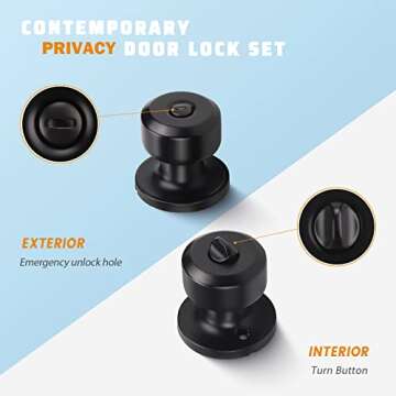 KNOBWELL 6 Pack Matte Black Door Knob Privacy Locking Door Knob, Keyless Bedroom/Bathroom Door Knobs...