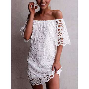PRETTYGARDEN Women's Summer Off Shoulder Vintage Floral Lace Flare Short Sleeve Loose Elegant Mini D...