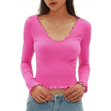 CHYRII Womens Fashion Fall Long Sleeve Tops Ruffled Low Cut Basic Layering Tee Shirts Crop Tops Barb...