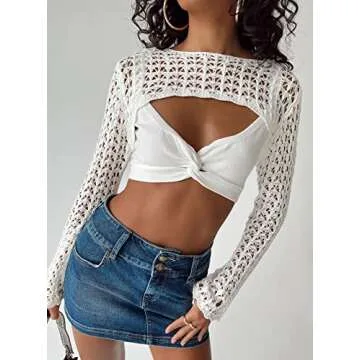 PICPUNMAK Women Grunge Crochet Knit See Through Crop Tops Cover Up Shrug Long Sleeve Crew Neck Casual Cropped Smock Top