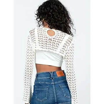 PICPUNMAK Women Grunge Crochet Knit See Through Crop Tops Cover Up Shrug Long Sleeve Crew Neck Casual Cropped Smock Top