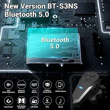 Yaconob Motorcycle Bluetooth Headset BT-S3NS - 1000m Waterproof Intercom for 2-3 Riders (Handsfree, ...