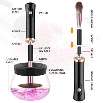 Fesmey Automatic Makeup Brush Cleaner Machine,Spinning Makeup Brush Cleaner and Dryer,Super-Fast Electric Make Up Brush Cleaner Cleanser Machine with 8 Size Collars (Black)