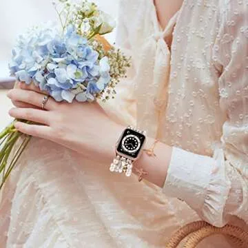 VISOOM Beaded Bracelet Compatible for Apple Watch Band 42mm/44mm/45mm/46mm Series 10 9 8 7 SE Series 6/5/4 Women Fashion Cute Handmade Stretchy Watch Strap for iWatch Bands Series 3/2/1