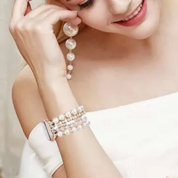 VISOOM Beaded Bracelet Compatible for Apple Watch Band 42mm/44mm/45mm/46mm Series 10 9 8 7 SE Series 6/5/4 Women Fashion Cute Handmade Stretchy Watch Strap for iWatch Bands Series 3/2/1