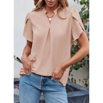EVALESS Womens Trendy Summer Casual Dressy Tops 2025 V Neck Petal Short Sleeve Going Out Work Business Cute Loose Chiffon Blouses Shirts Outfits,Light Pink Medium