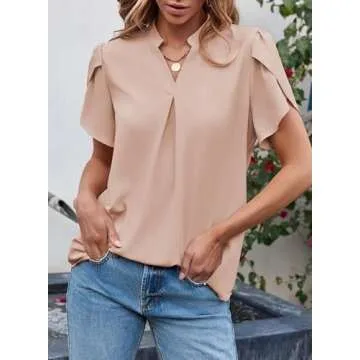 EVALESS Womens Trendy Summer Casual Dressy Tops 2025 V Neck Petal Short Sleeve Going Out Work Business Cute Loose Chiffon Blouses Shirts Outfits,Light Pink Medium