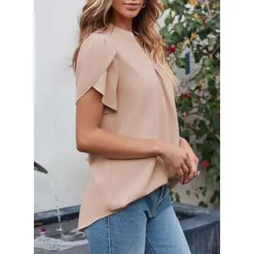 EVALESS Womens Trendy Summer Casual Dressy Tops 2025 V Neck Petal Short Sleeve Going Out Work Business Cute Loose Chiffon Blouses Shirts Outfits,Light Pink Medium