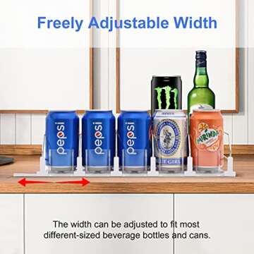Drink Organizer for Fridge, Soda Can Organizer for Refrigerator, Self-Pushing Soda Can Organizer for Refrigerator, Width Adjustable Beverage Pusher Glide, Beer Pop Can Water Bottle Storage, 5 Row
