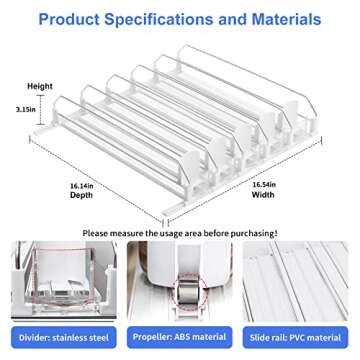 Drink Organizer for Fridge, Soda Can Organizer for Refrigerator, Self-Pushing Soda Can Organizer for Refrigerator, Width Adjustable Beverage Pusher Glide, Beer Pop Can Water Bottle Storage, 5 Row