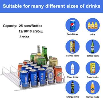 Drink Organizer for Fridge, Soda Can Organizer for Refrigerator, Self-Pushing Soda Can Organizer for Refrigerator, Width Adjustable Beverage Pusher Glide, Beer Pop Can Water Bottle Storage, 5 Row