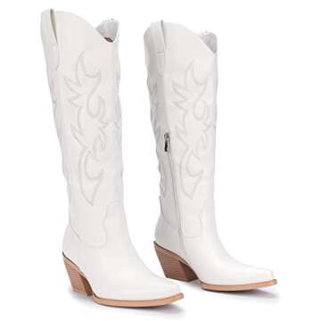 Pasuot White Cowboy Boots for Women - Wide Calf Cowgirl Knee High Western Boots with Side Zip and Embroidered, Pointed Toe Chunky Heel Retro Classic Tall Boot Pull On for Ladies Fall Winter Size 10