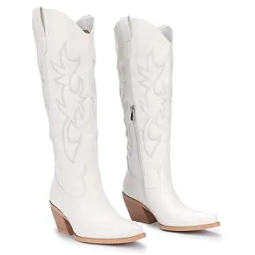 Pasuot White Cowboy Boots for Women - Chic Wide Calf Style