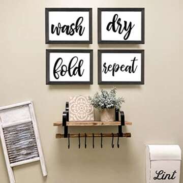 Mokof Laundry Room Decor Wash Fold Dry Repeat Mini Signs Set of 4, Farmhouse Laundry Room Decorative Sign Framed wood Wall Art, Laundry Shelf Decor, 6'' x 8''