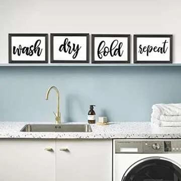 Mokof Laundry Room Decor Wash Fold Dry Repeat Mini Signs Set of 4, Farmhouse Laundry Room Decorative Sign Framed wood Wall Art, Laundry Shelf Decor, 6'' x 8''