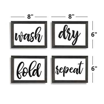 Mokof Laundry Room Decor Wash Fold Dry Repeat Mini Signs Set of 4, Farmhouse Laundry Room Decorative Sign Framed wood Wall Art, Laundry Shelf Decor, 6'' x 8''