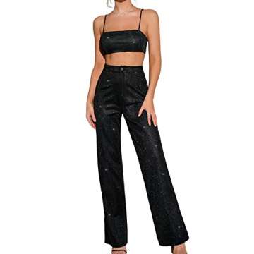 Colysmo Women's Two Piece Outfit Sparkle Sequin Sleevless Cami Top & High Waist Wide Leg Pants Set B...