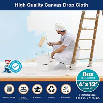 Canvas Drop Cloth for Painting 4X12 ft – All Purpose Canvas Tarp for Floor & Furniture Paint Prote...