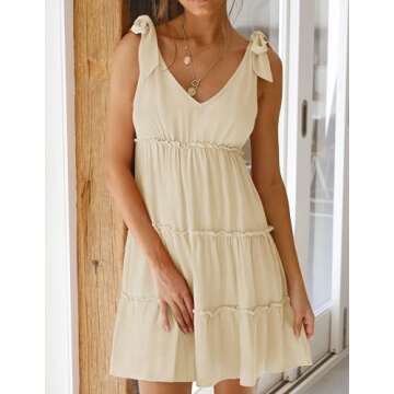 ZESICA Womens Summer Casual V Neck Sleeveless Mini Dress 2024 Tie Shoulder Tiered Ruffle Swing A Line Short Sundresses,Apricot,Small