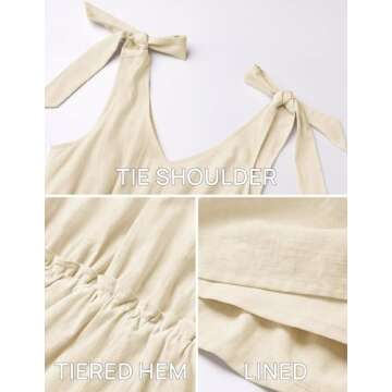 ZESICA Womens Summer Casual V Neck Sleeveless Mini Dress 2024 Tie Shoulder Tiered Ruffle Swing A Line Short Sundresses,Apricot,Small