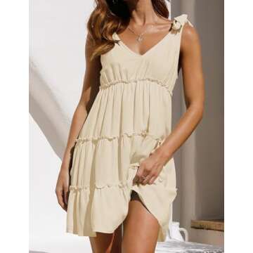 ZESICA Womens Summer Casual V Neck Sleeveless Mini Dress 2024 Tie Shoulder Tiered Ruffle Swing A Line Short Sundresses,Apricot,Small