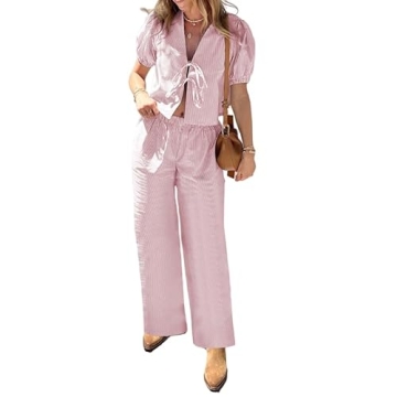 Thopavenoir Women 2 Piece Christmas Pajamas Set Cute Bow Tie Long Sleeve Shirt High Waist Pants (Pin...