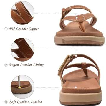 COFACE Womens Orthopedic Flip Flops Ladies Slip On Athletic Yoga Memory Foam Cushion Recovery Walking Thong Sandals Summer Beach Pool Slippers Comfortable Plantar Fasciitis Arch Support Tan Size 8.5