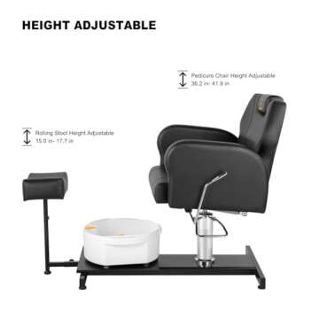 LUXMARS Pedicure Chair with Stool Massage Foot Bath Hydraulic Pedi Chair for Foot Bath Pedicure Chair 360° Rotation, Height Adjustable Pedicure Unit Station Black