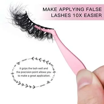 Miuffue Lash Applicator Tool DIY False Eyelash Applicator Tool Stainless Steel Curved Eyelash Tweezers for Clusters and Strip Lashes, Pink