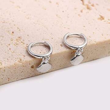 BYIA Huggie Dangle Hoop Earrings, 14K Gold Plated Cross Moon Star Shell Hollow Heart Evil Eye Lightning Drop Butterfly Earrings, Handmade Women Teen Girl Jewelry Gift (Shell-Silver)