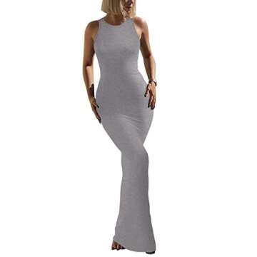 REORIA Women's Summer Sexy Casual Lounge Tank Long Dress Elegant Wedding Guest Sleeveless Halter Neck Bodycon Maxi Dresses Light Grey Medium
